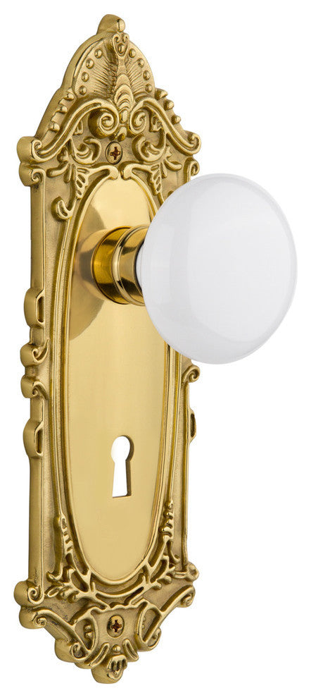 Victorian Plate With Keyhole Passage Poreclain Knob, Polished Brass