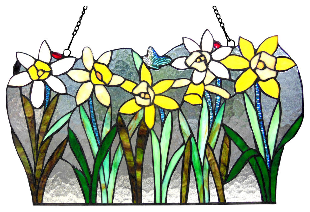 Daisy, Tiffany-Glass Flowers Window Panel 23" Wide