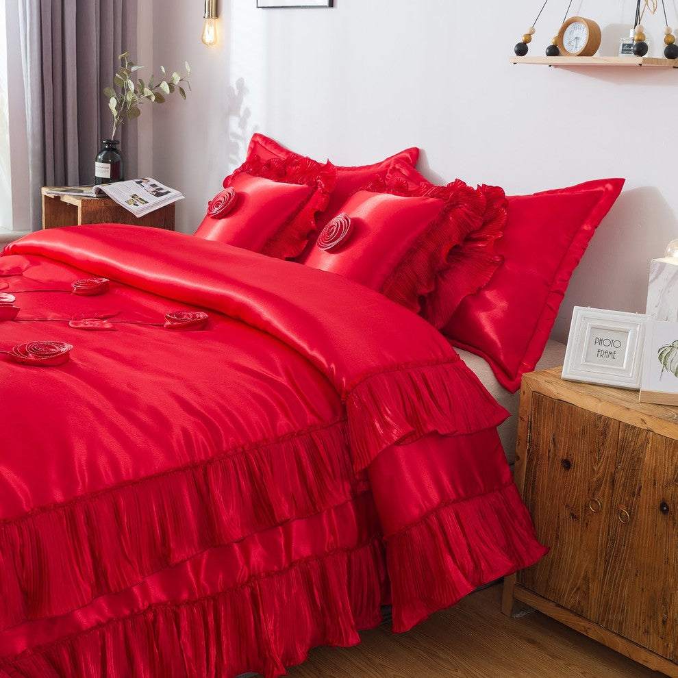 Red Rose Satin Ruffle Floral Romantic Victorian Comforter Bedding Set, King