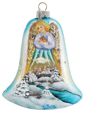 Hand Painted Scenic Glass Ornament Angel Bell