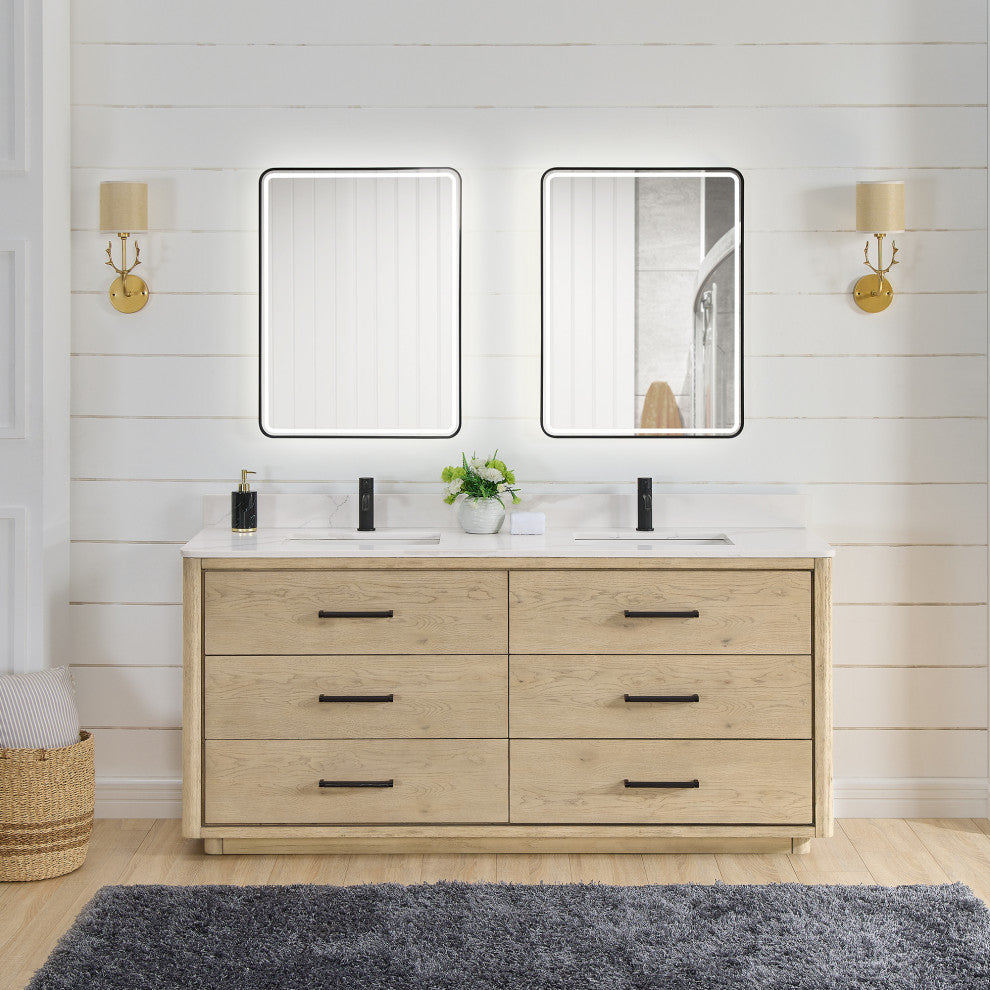 Porto Bath Vanity with White Quartz Stone Top, Natural Oak, 72 in., No Mirror