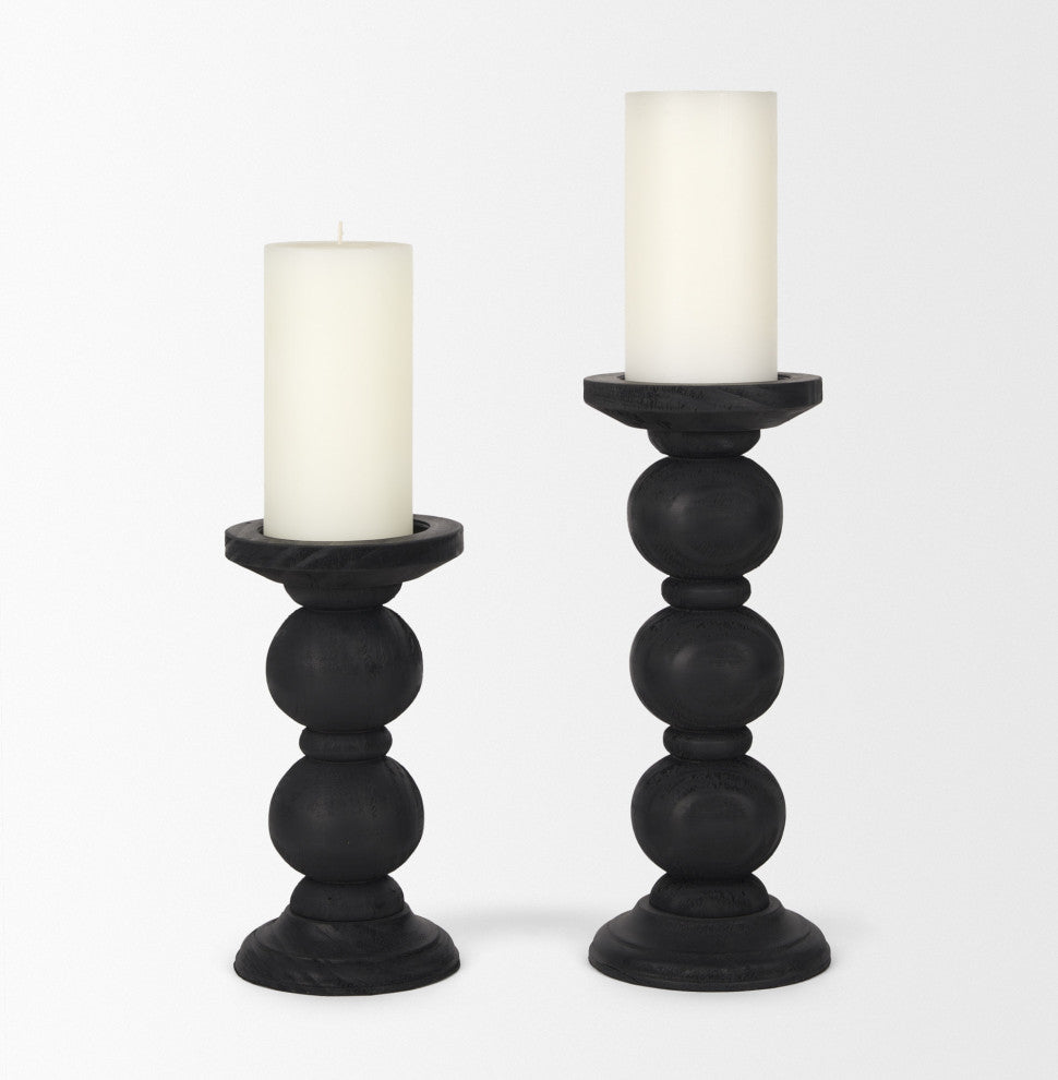 Wanda Matte Black Wood Pillar Candle Holders, 2-Piece Set
