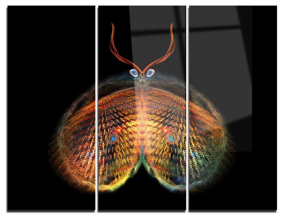 "Yellow Red Fractal Butterfly in Dark" Metal Wall Art, 3 Panels, 36"x28"