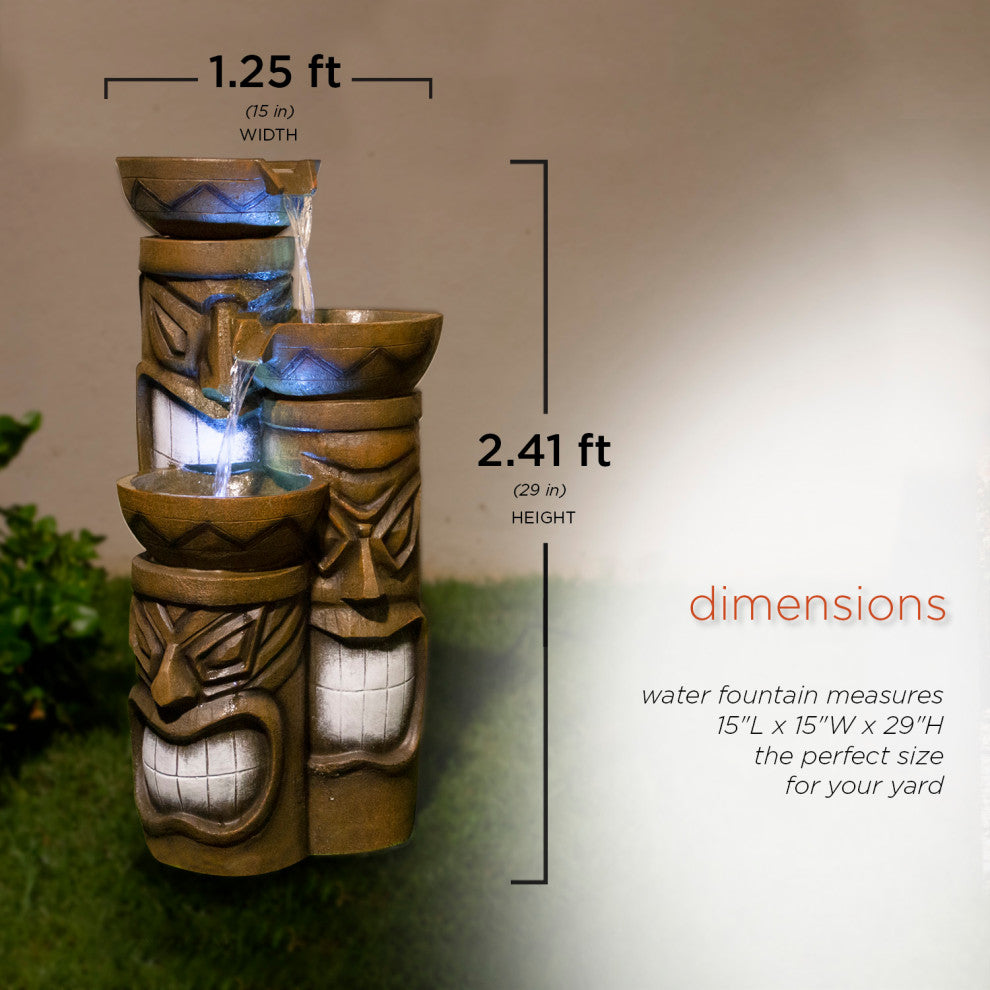 29" Tall Outdoor 3-Tier Tiki Head Water Fountain Yard Décor