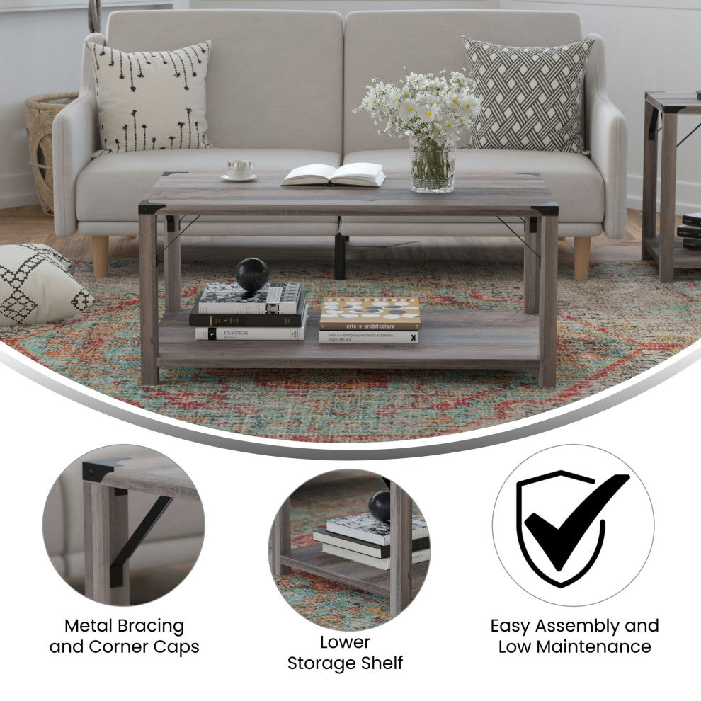 Wyatt Modern Farmhouse Wooden 2 Tier Coffee Table, Gray Wash
