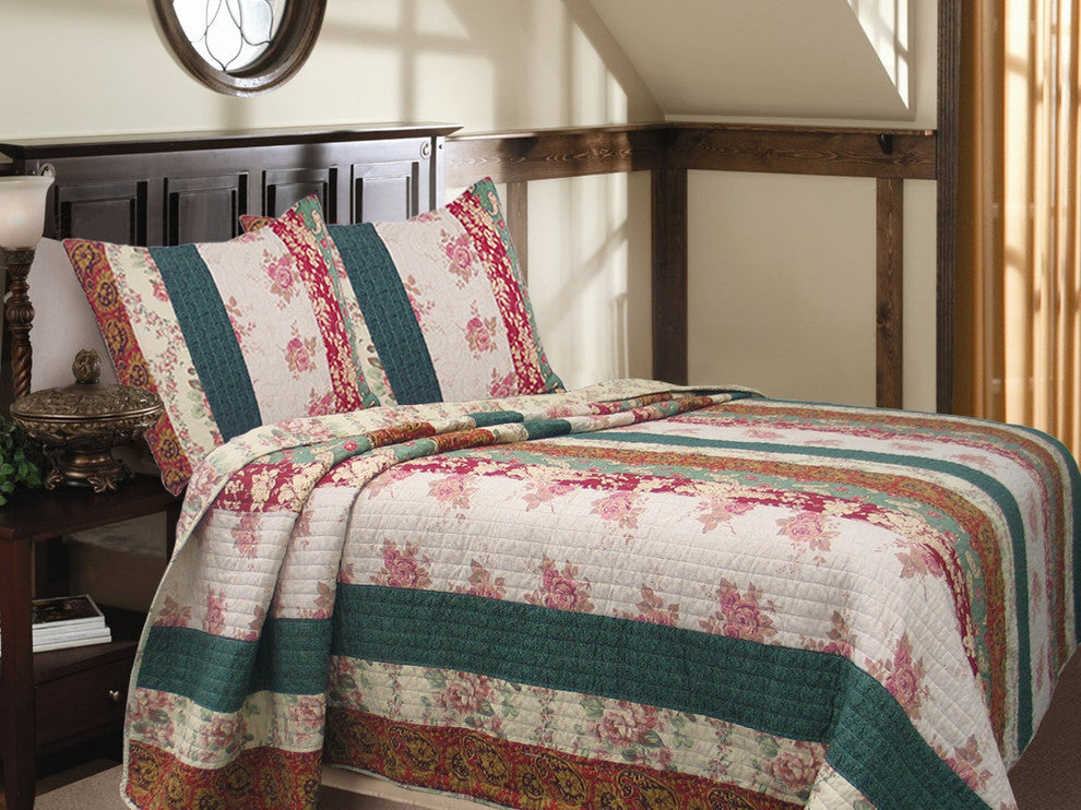 Rose Stripe Reversible 100%Cotton 3-Piece Queen-Size Quilt Set