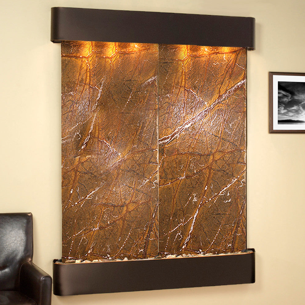 Majestic River Water Fountain, Brown Marble, Blackened Copper, Round Edges