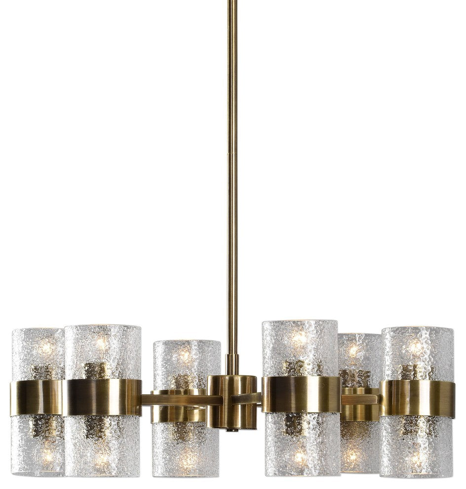 Art Deco Crystal Shade Chandelier, Round 12-Light Gold Brass