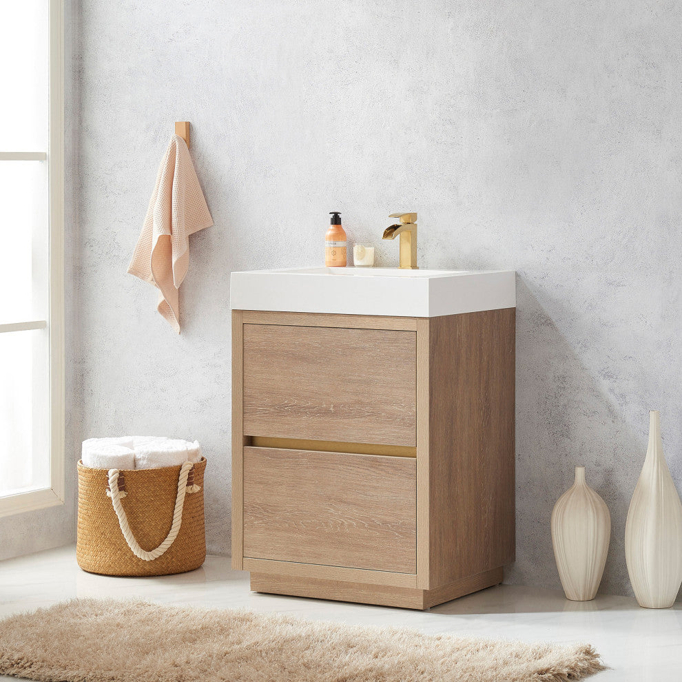 Huesca Bath Vanity, Integrated Sink Top, North American Oak, 24", Without Mirror
