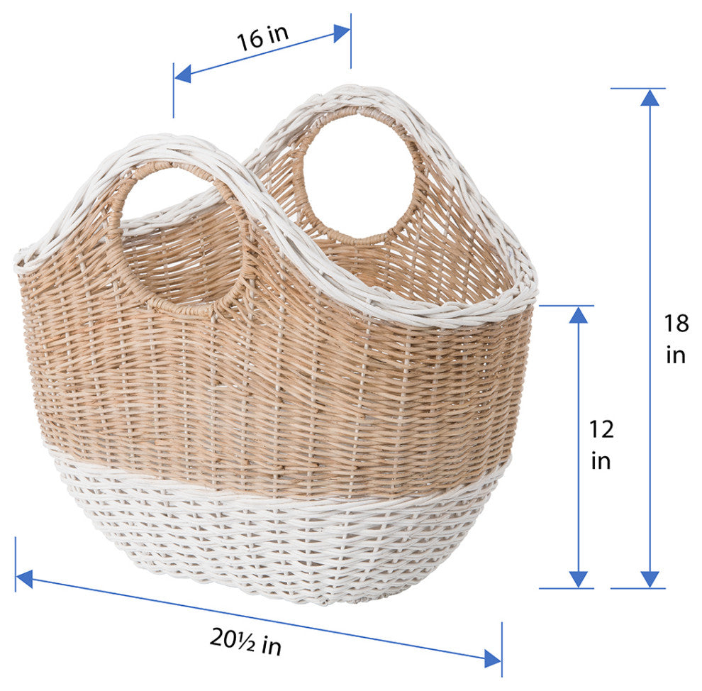 Oval Tote Decorative Wicker Storage Basket, Natural and White