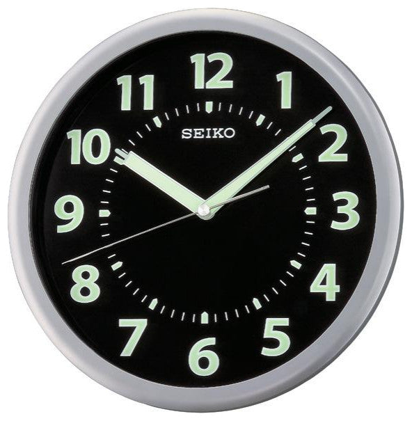 Seiko Clocks, 10" Black Wall Clock With Luminous Glow-In-The-Dark Hands