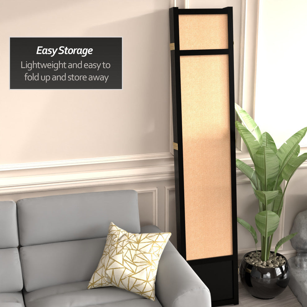 7' Tall Jute Shoji Screen, 4 Panel, Black