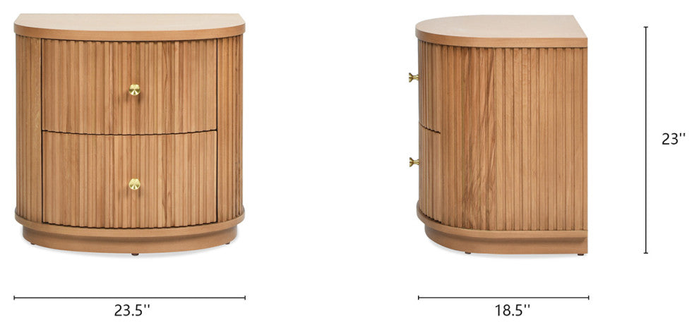 Valentine 24" 2-Drawer Fluted Storage Side Table, Natural Brown Beech Wood
