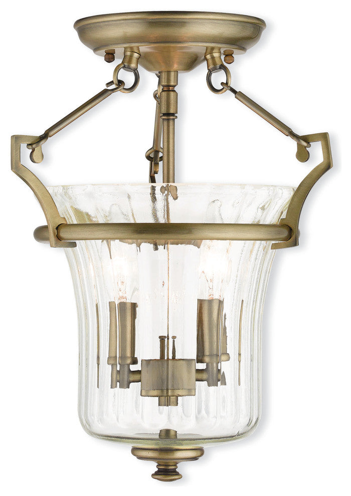 Ceiling Mount With Handcrafted Fluted Clear Glass, Antique Brass