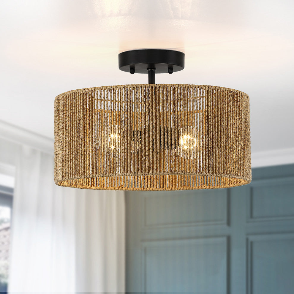 14" W 2-Light Woven Rope Drum Semi-Flush Mount Ceiling Light, Natural