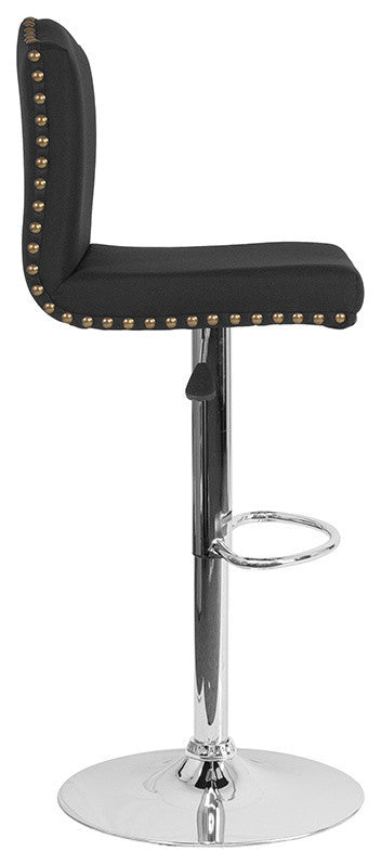 Contemporary Adjustable Height Barstool With Accent Nail Trim, Black Fabric