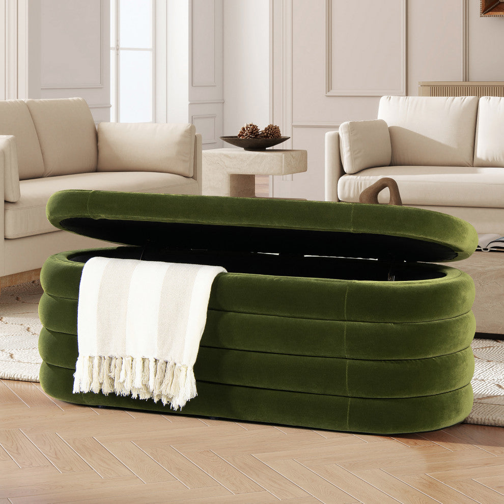Fuji 49" Upholstered Oval Storage Bench, Olive Green