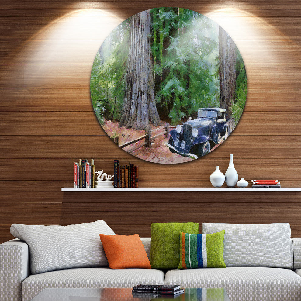 Vintage Car In Forest, Landscape Painting Round Wall Art, 11"