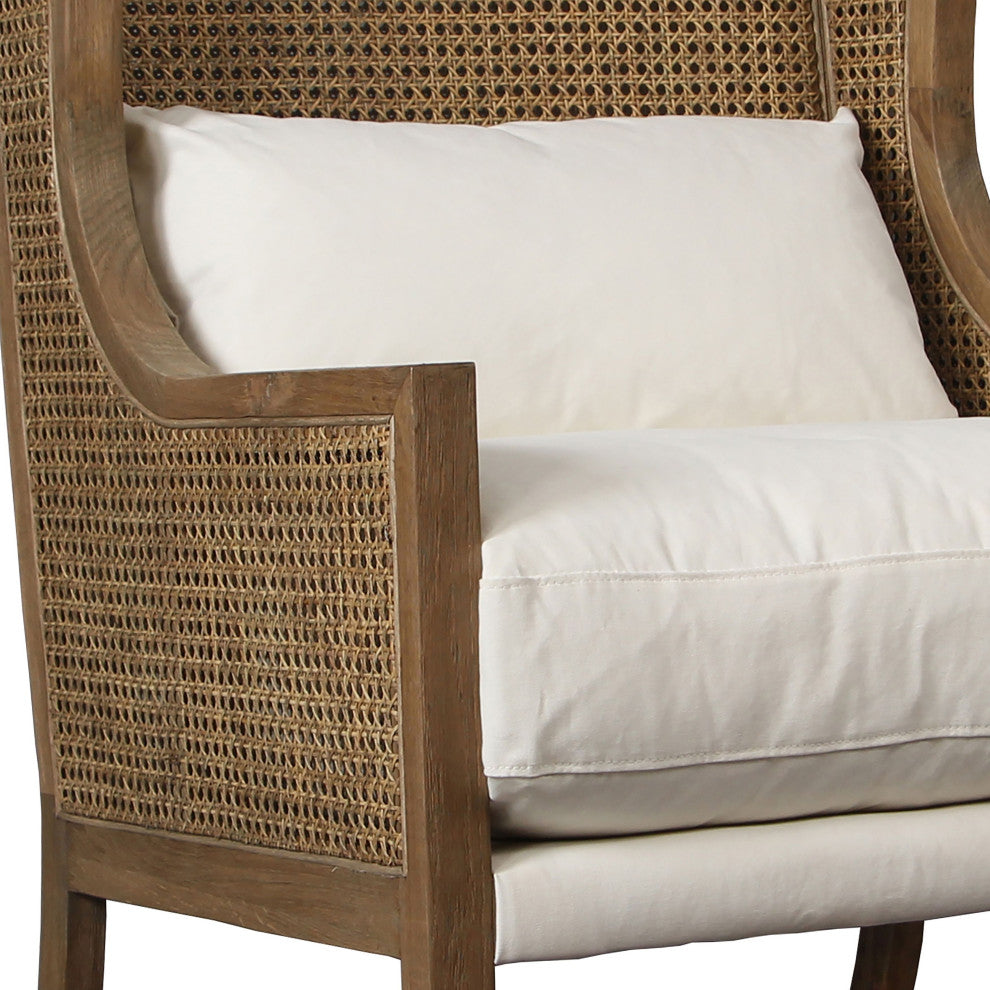 Michelle Oak and Rattan Upholstered Occasional Chair, Off-White