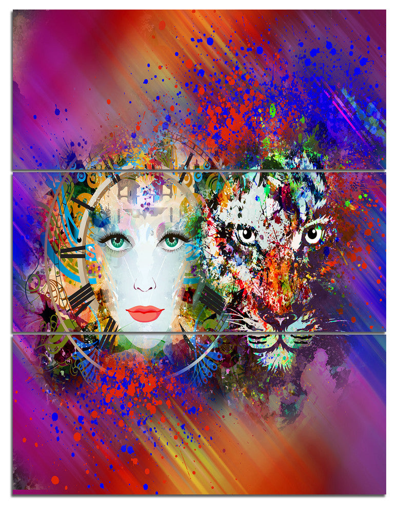 Colorful Tiger and Woman Face, Abstract Triptych Canvas Art, 28x36, 3 Panels