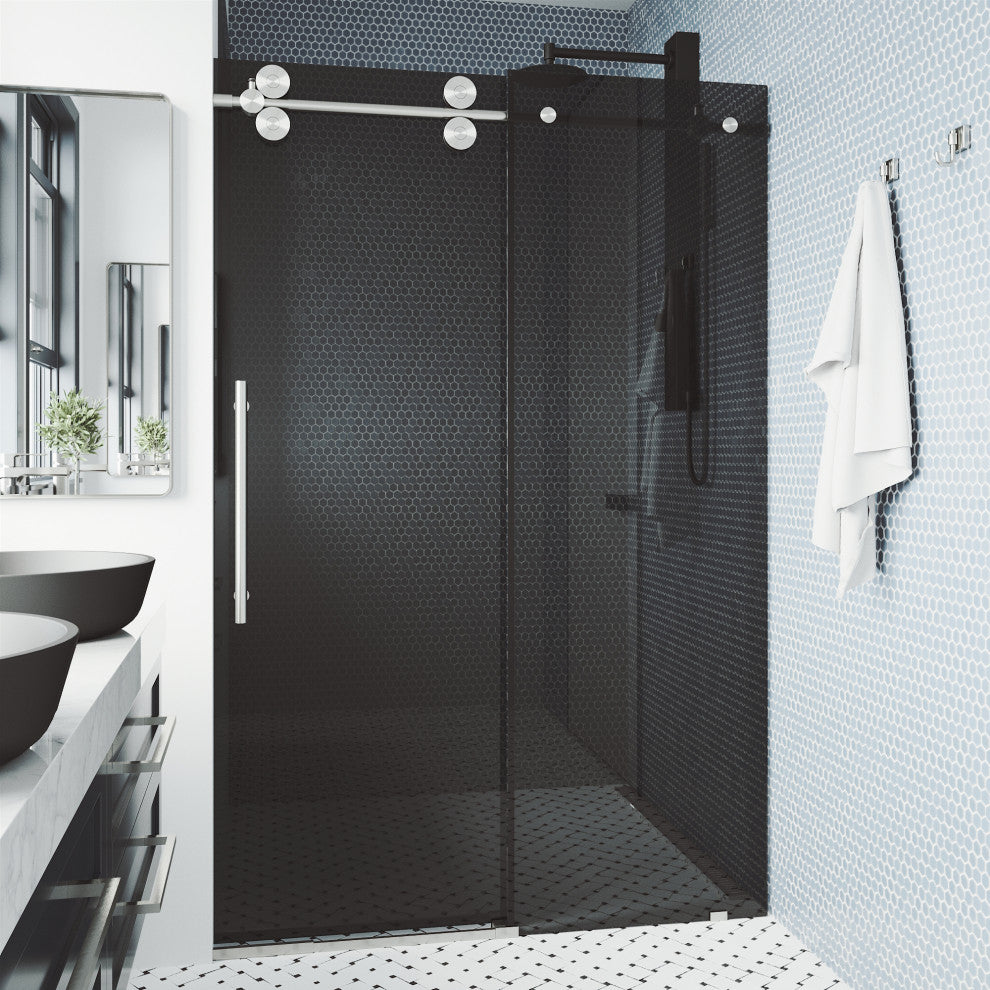 VIGO Elan 68" to 72" W x 74" H Frameless Sliding Shower Door, Stainless Steel, Black Tint Glass