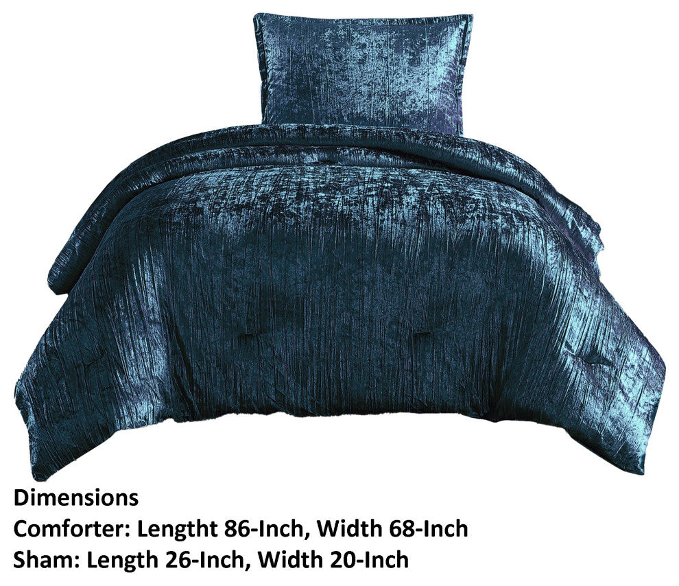 Benzara BM283888 Jay 2 Piece Twin Comforter Set, Polyester Velvet Texture, Blue