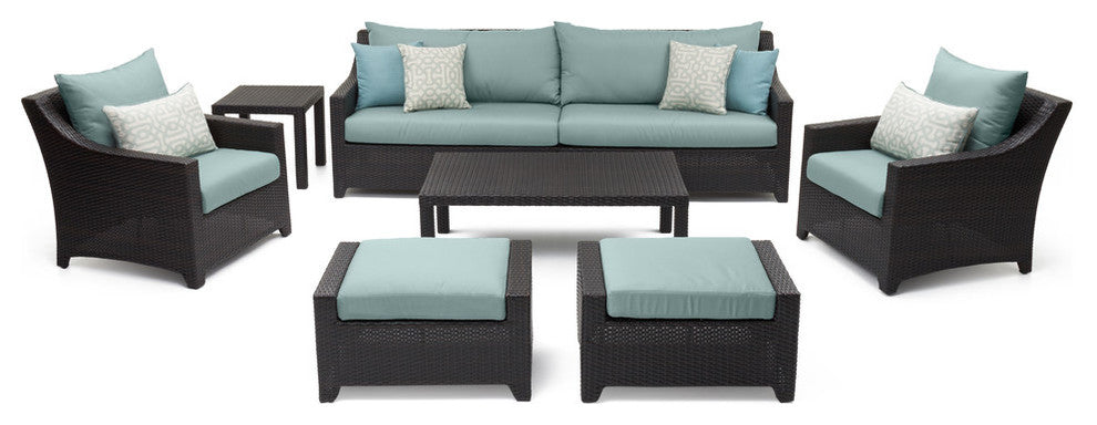 Deco 8 Piece Sunbrella Outdoor Patio Sofa and Club Chair Deep Seating Set, Spa Blue
