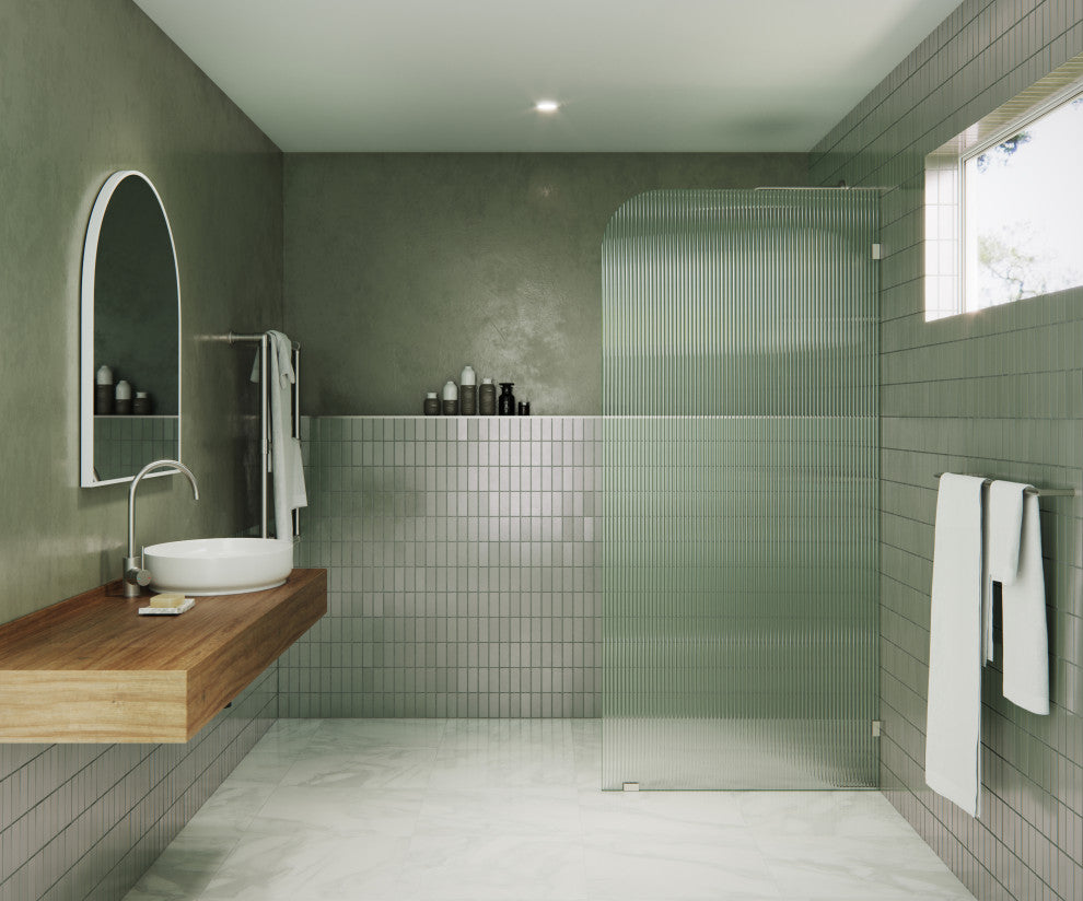 34"x78" Frameless Shower Door, Single Fixed Panel Fluted Radius, Brushed Nickel, 34" Right