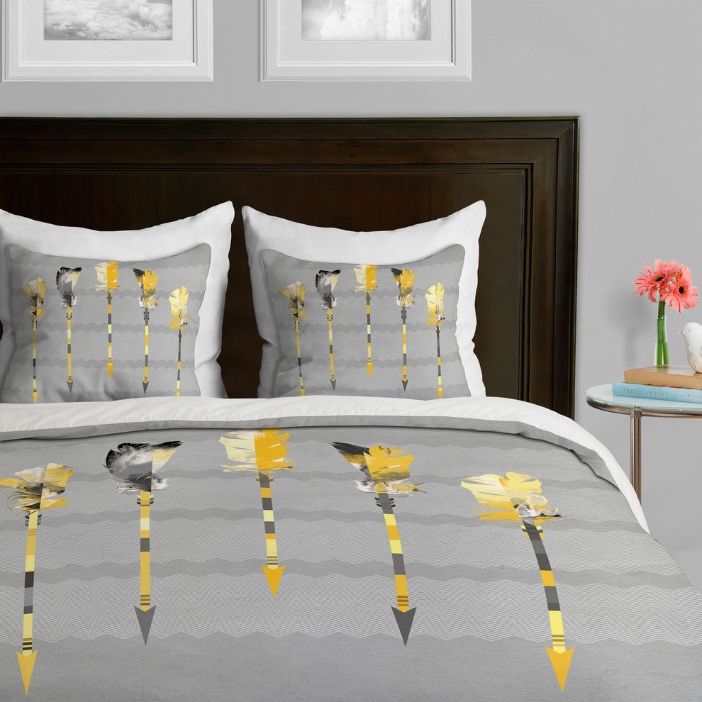 Deny Designs Iveta Abolina Gray Yellow Feathers Duvet Cover - Lightweight