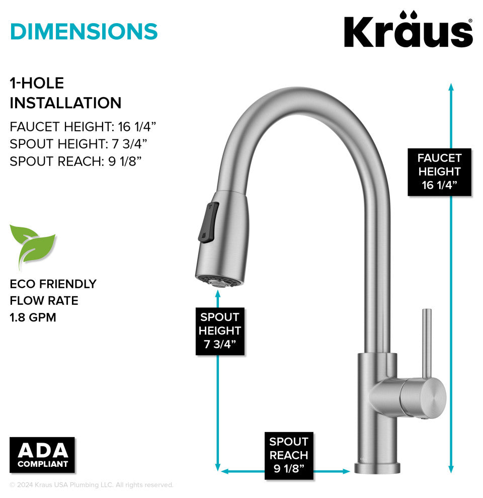 KRAUS Coda 2-Function 1-Handle Pull Down Kitchen Faucet Spot Free St Steel