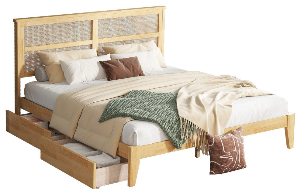 GDF Studio King Size Platform Bed, Rattan Headboard & Storage Drawers, White Oak