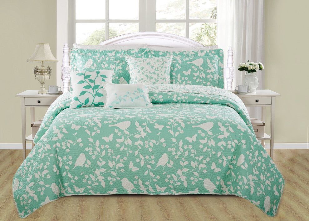 Birdsong 6-Piece Bed Spread Set, Green, Jumbo King / Cal King, 122"x106"