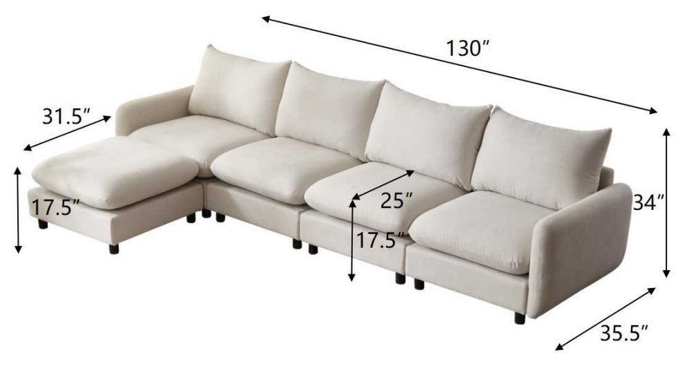 GDF Studio Upholstered Modular Sectional Sofa Set, White Sand, 4 Seater With Ottoman