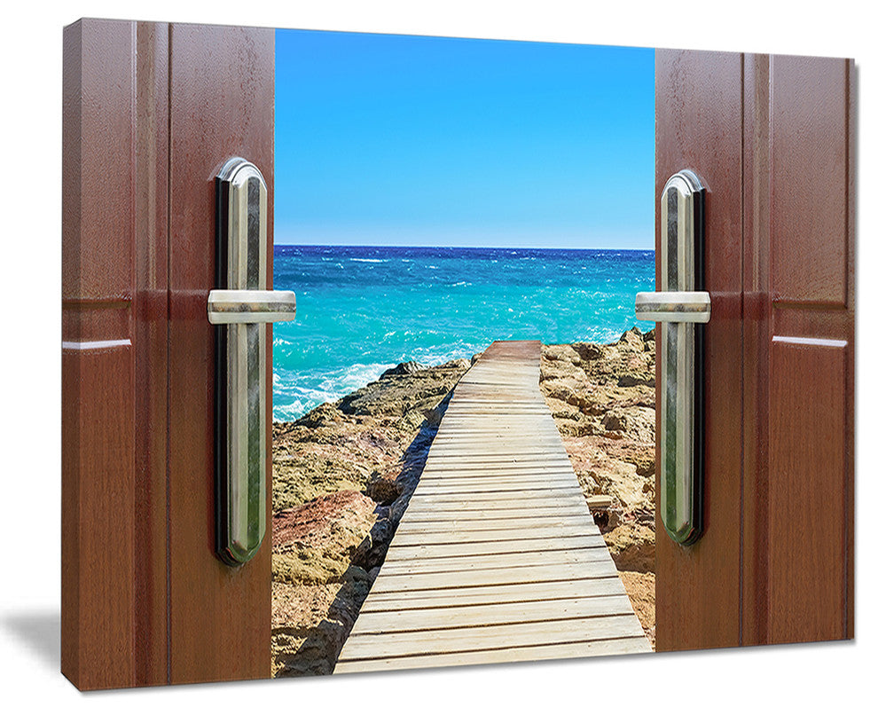 "Door Open To Wooden Ocean Pier" Wooden Sea Bridge Wall Art, 40"x30"