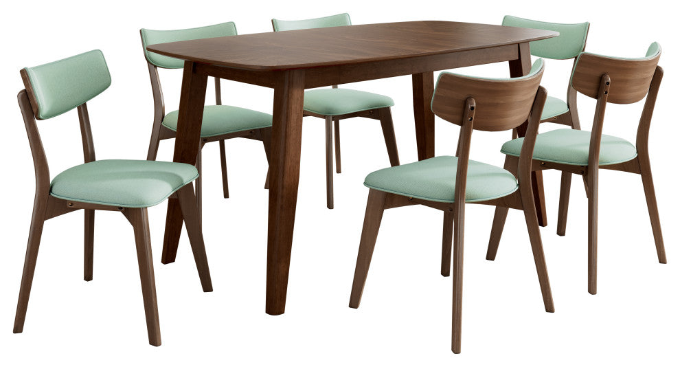 GDF Studio 7-Piece Mid-Century Dining Set, Table & 6 Chairs, Mint/Walnut