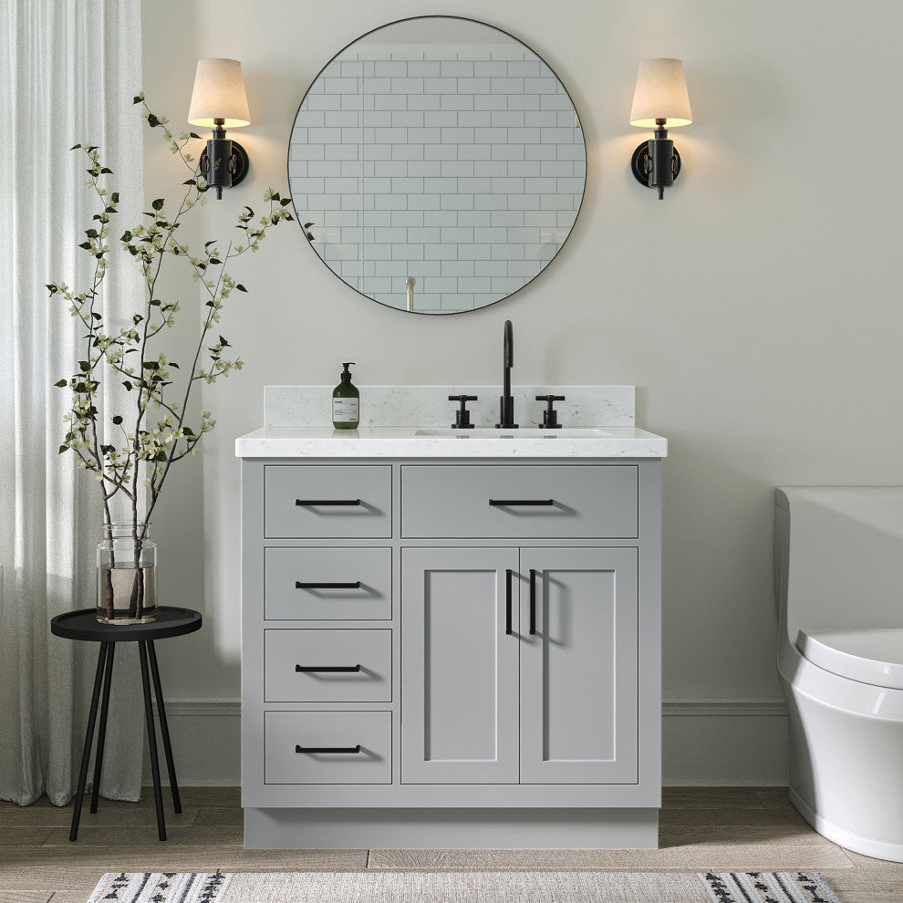 Ariel Hepburn 36" Right Offset Single Rectangle Sink Vanity, Carrara Quartz