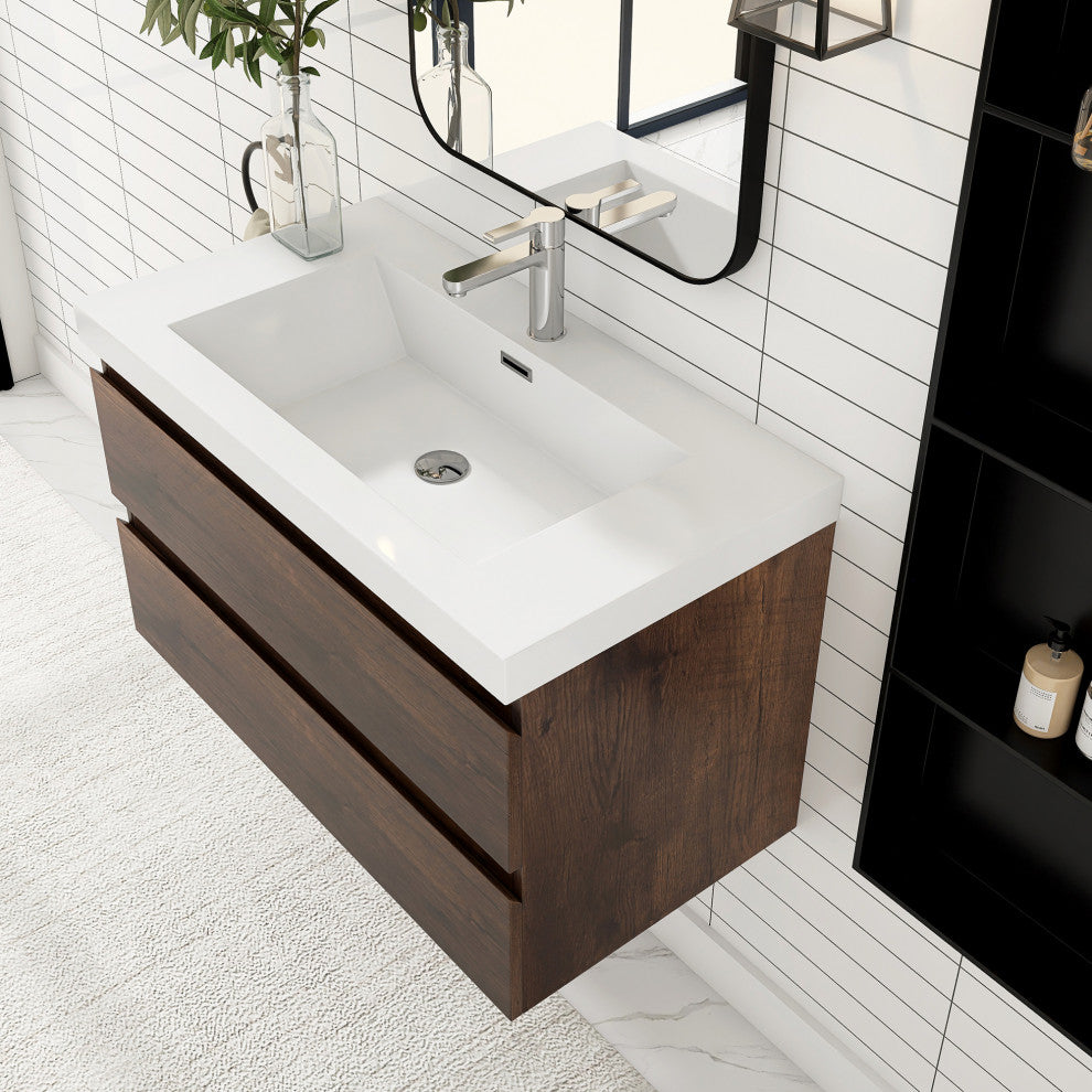 Wall-Mounted Bathroom Vanity with Integrated Resin Sink, Rose Wood, 36in.