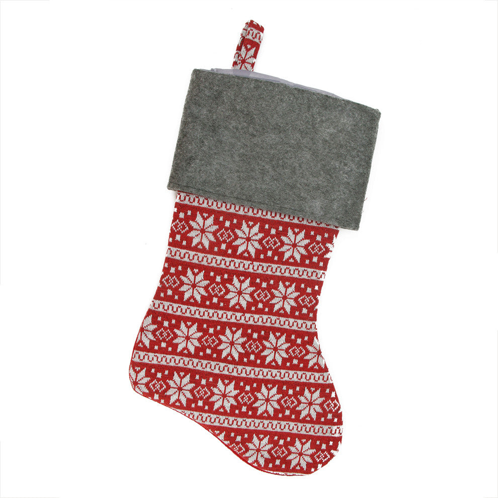 Festive Poinsettia Style Snowflake Motif Sweater Stocking, Red White and Grey