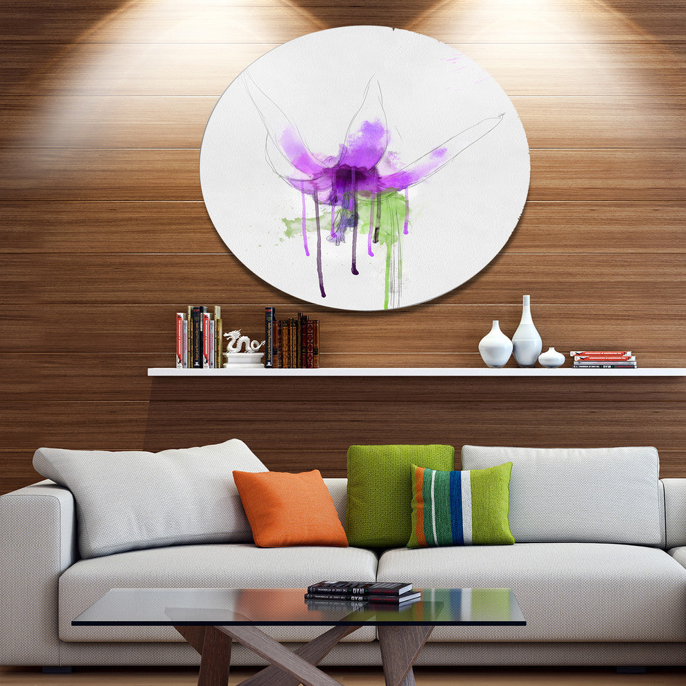Purple Flower With Green Splash, Modern Floral Disc Metal Wall Art, 23"