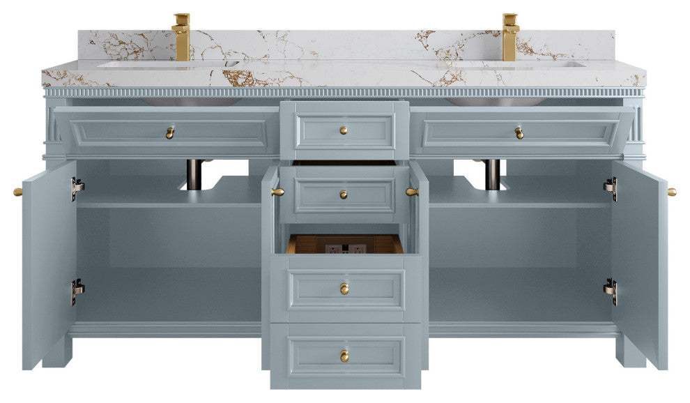 Paris 72" Double Sink Bathroom Vanity, Blue Heather 2" Viola Gold