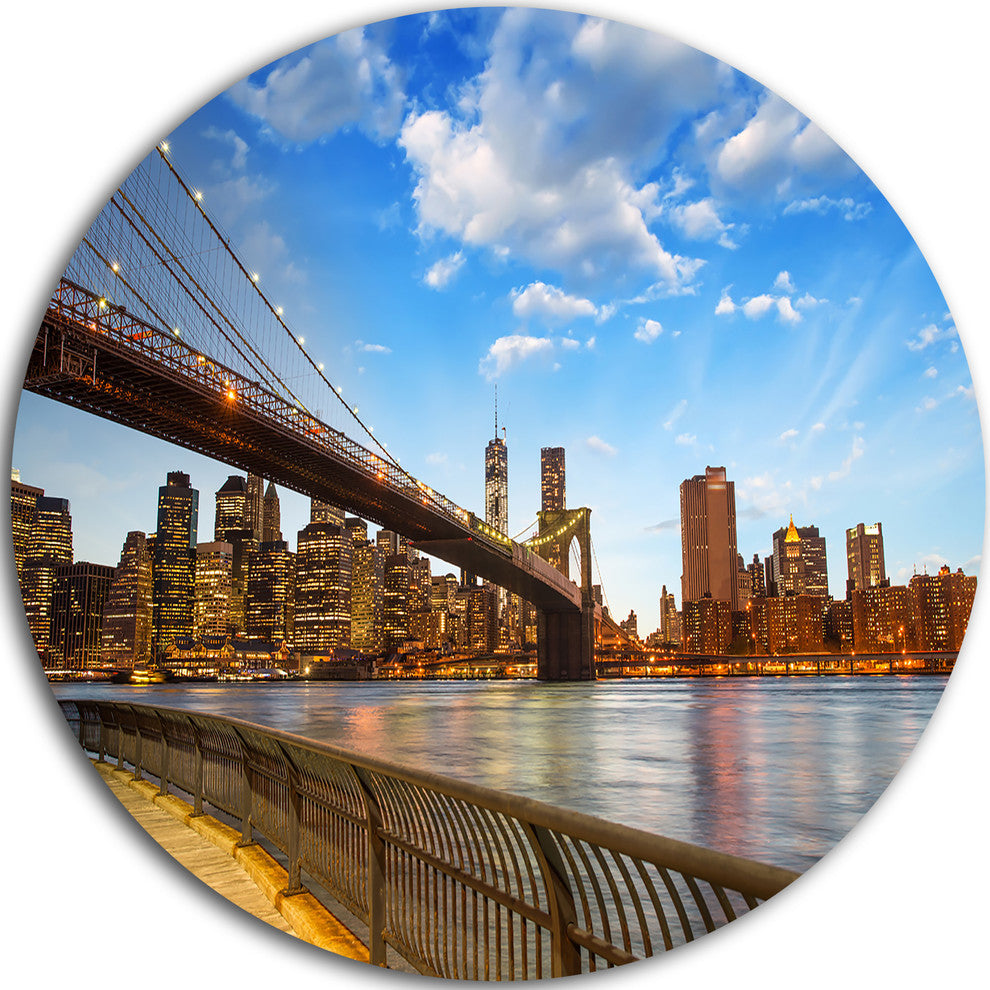 Calm Sky Over Brooklyn Bridge, Cityscape Photo Disc Metal Artwork, 23"