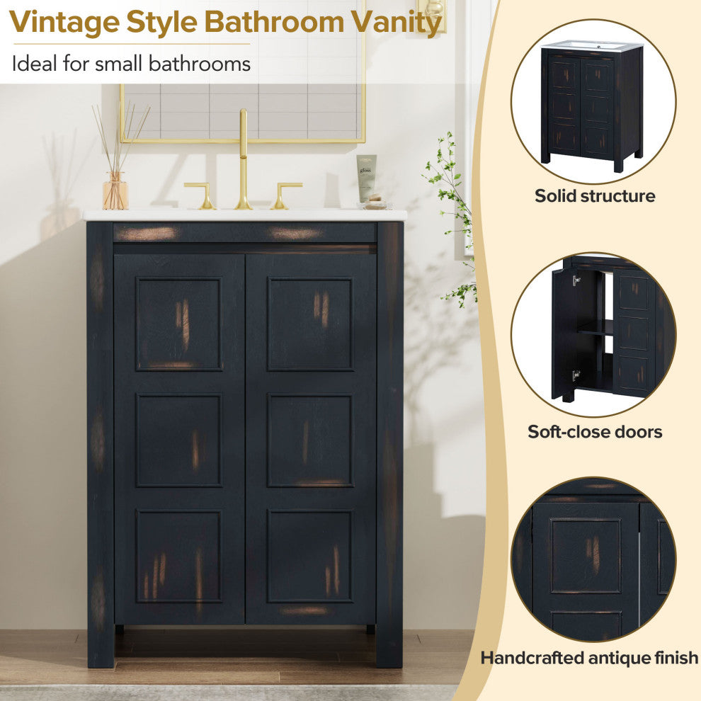 24 Inch Vintage Style Small Bathroom Vanity Combo with Ceramic Sink