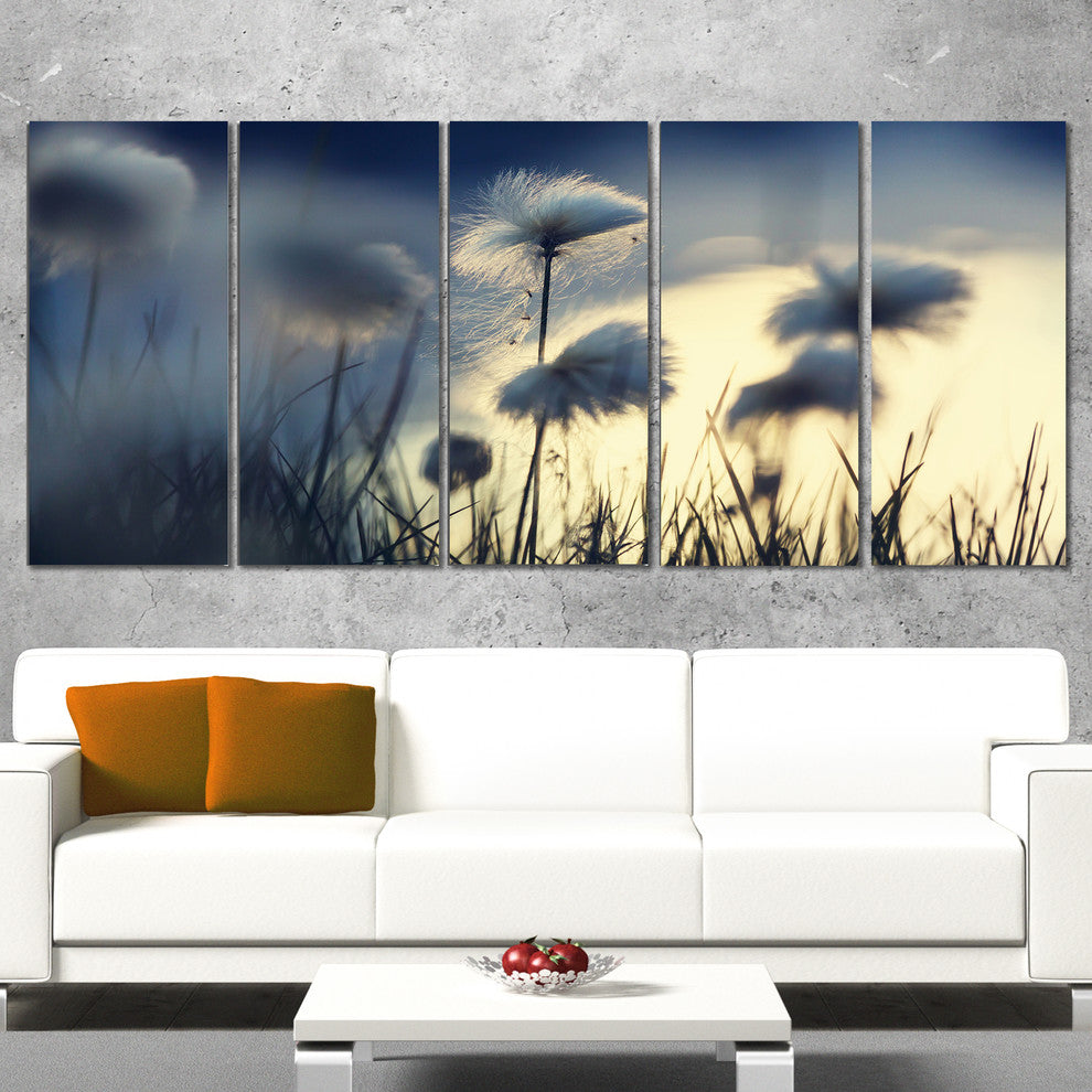 Arctic Blooming Cotton Flowers, Large Flower Canvas Wall Art, 60"x28", 5 Panels