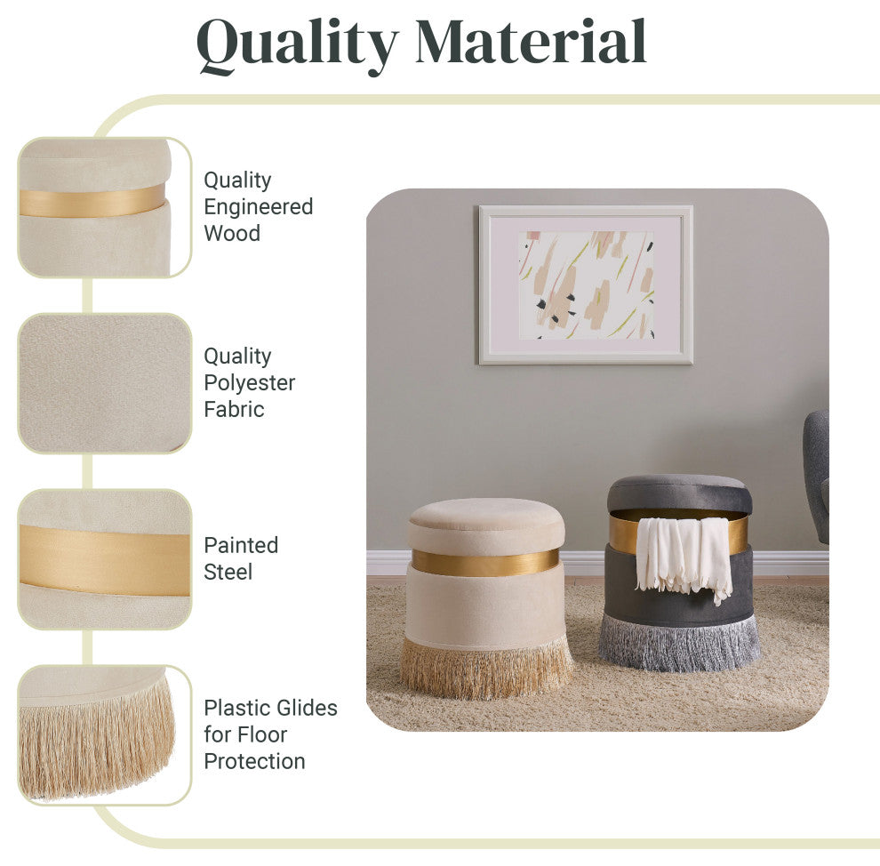 Suri Velvet Fabric Fringe Round Storage Ottoman, Serene Cream