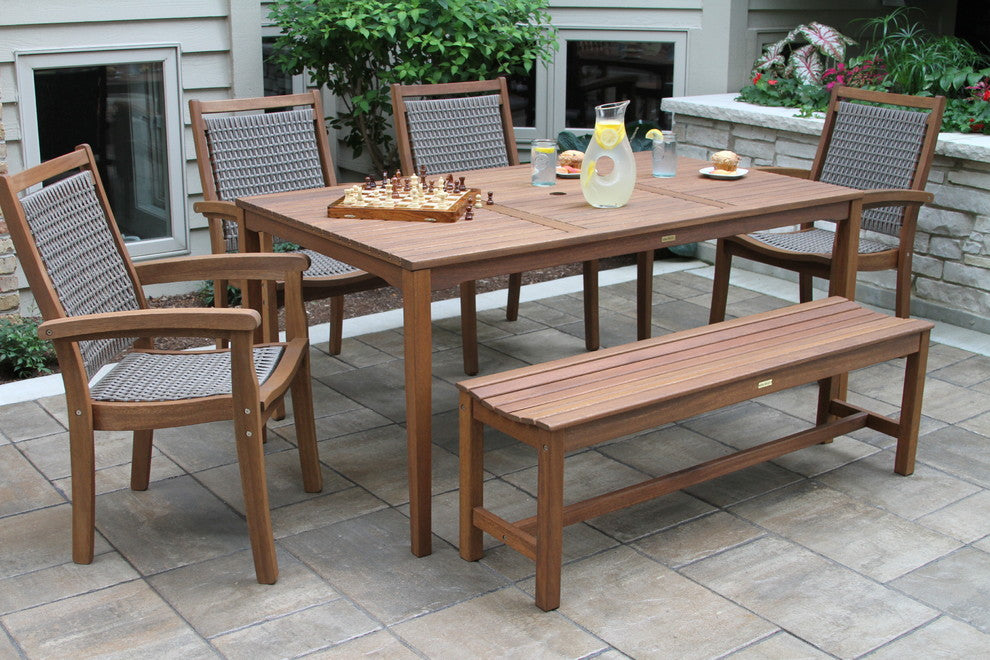 6-Piece Eucalyptus Dining Set With Grey Wicker Stacking Armchairs