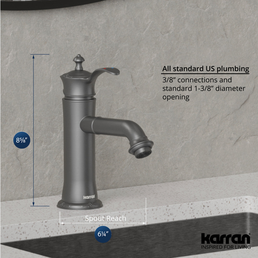 Karran 1-Handle 1-Hole Bathroom Faucet With Pop-up Drain, Gunmetal Grey