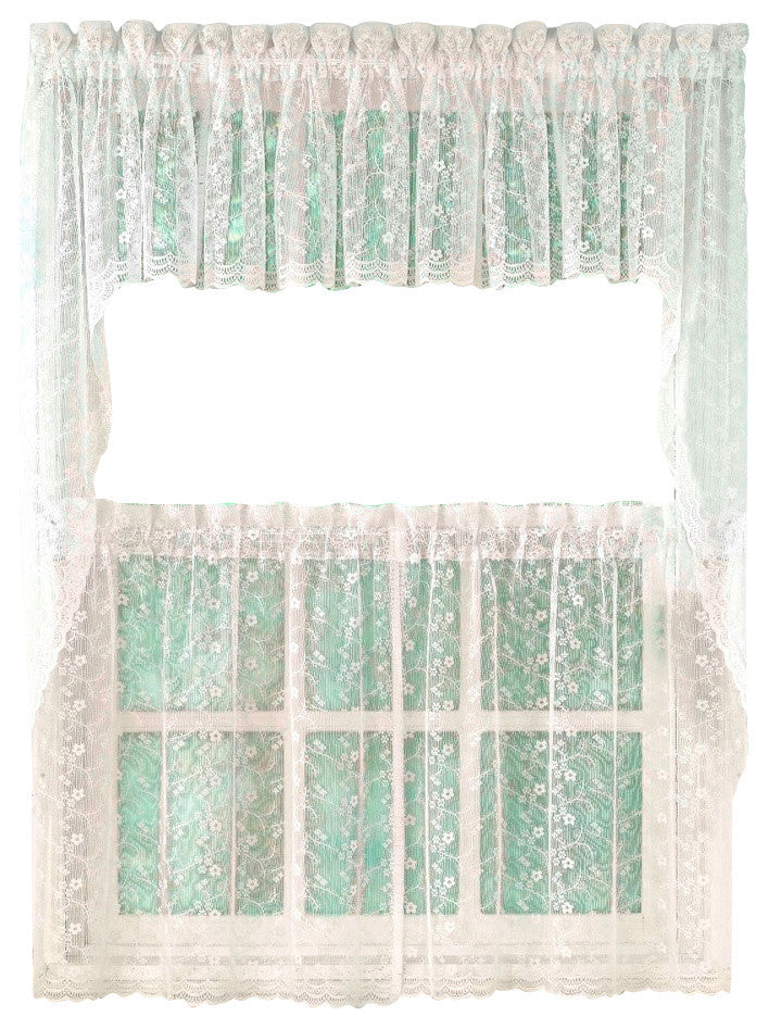 Priscilla Lace White Kitchen Curtain, Swag