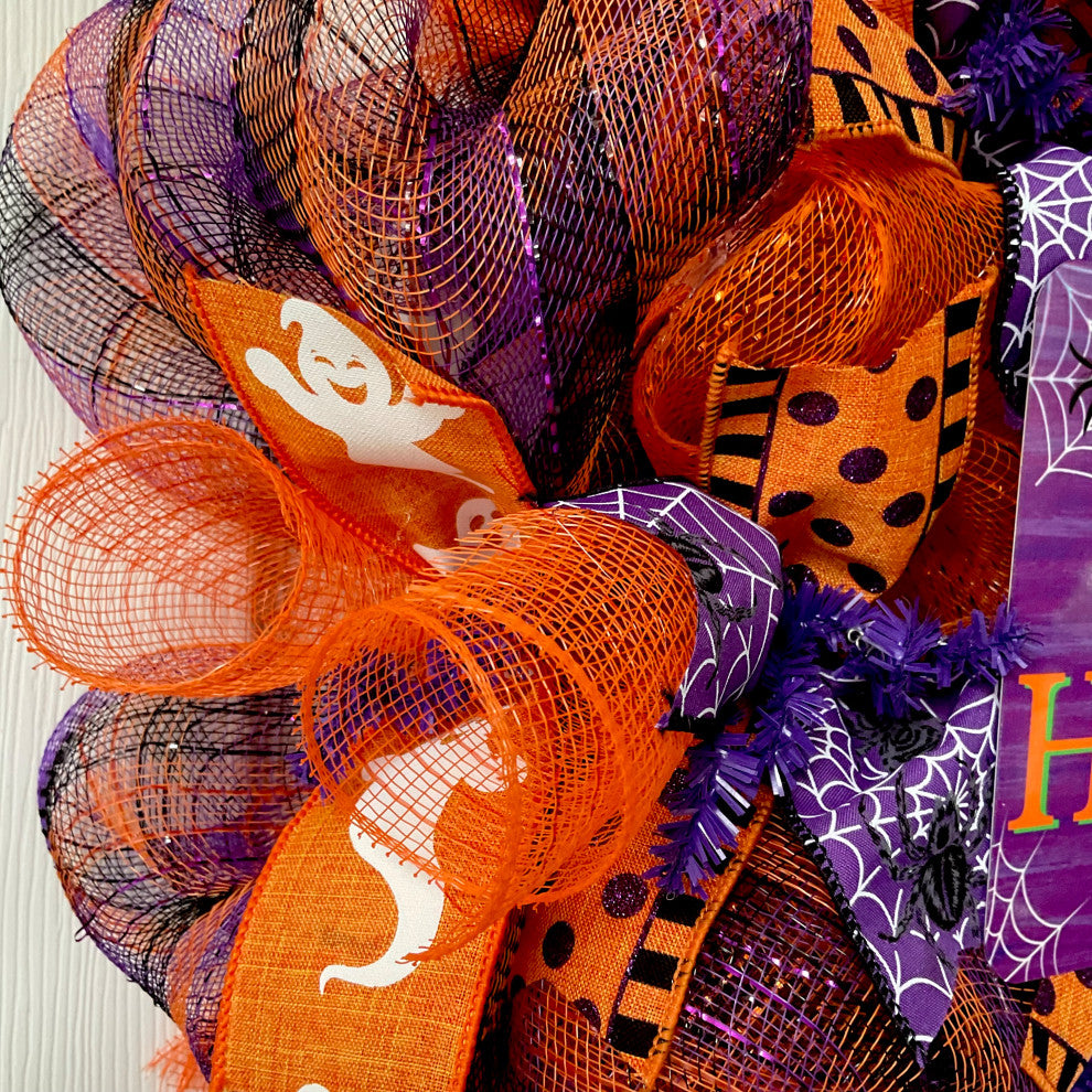 Happy Halloween Handmade Purple and Orange Deco Mesh Wreath