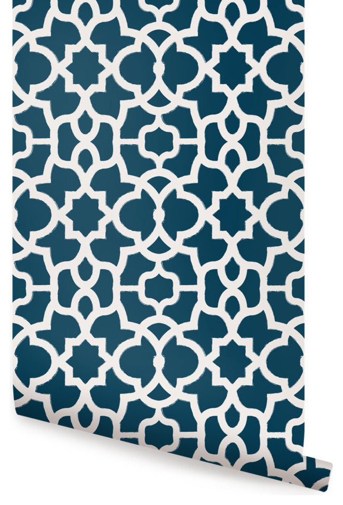 Trellis Peel and Stick Vinyl Wallpaper, White Navy, 24"w X 60"h