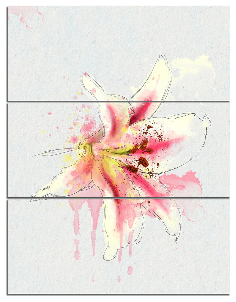 Pink Yellow Lily Watercolor Sketch, Flowers Canvas Wall Artwork, 28x36, 3 Panels